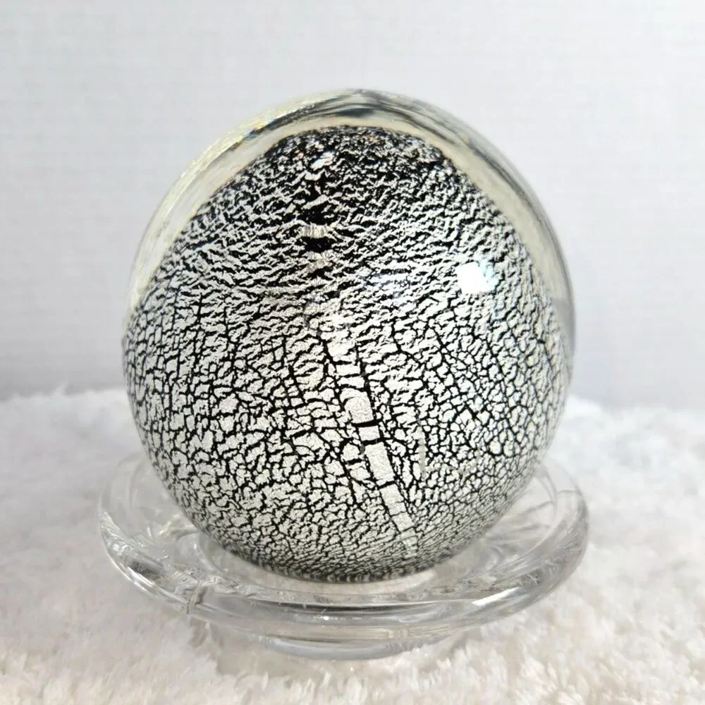 Vintage Art Glass Paperweight Silver Foil Crackle Webbed Egg Orb 4